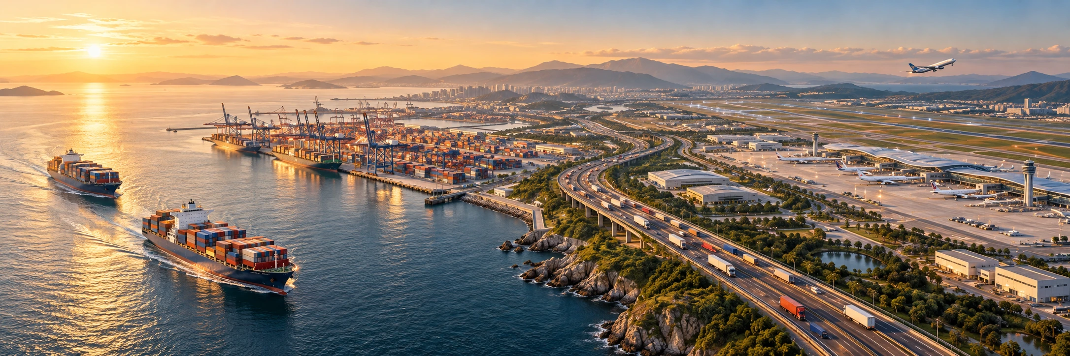 Illustrative coastal transport landscape connecting container ships, a freight road and an airport